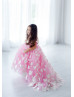 Pink Satin Tulle Butterflies Flower Girl Dress Kids Ball Gown